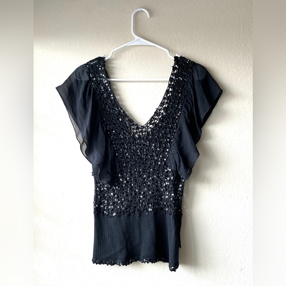 Moda International Black Beaded Flutter Sleeve V-Neck Top